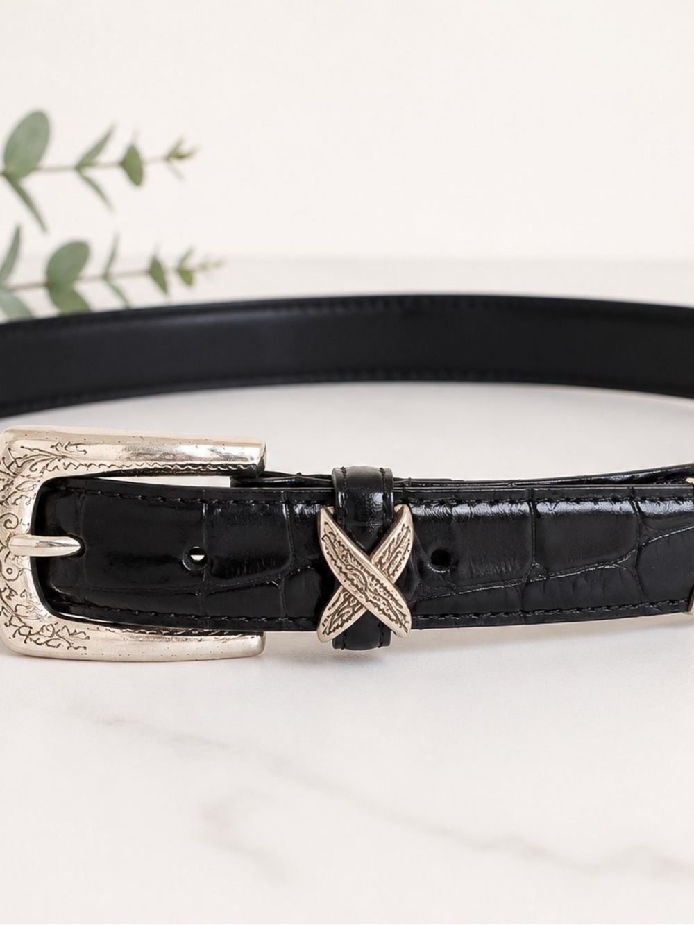 Amie Lynn Genuine Italian Leather Black Croc Embossed Belt Silver Western Buckle